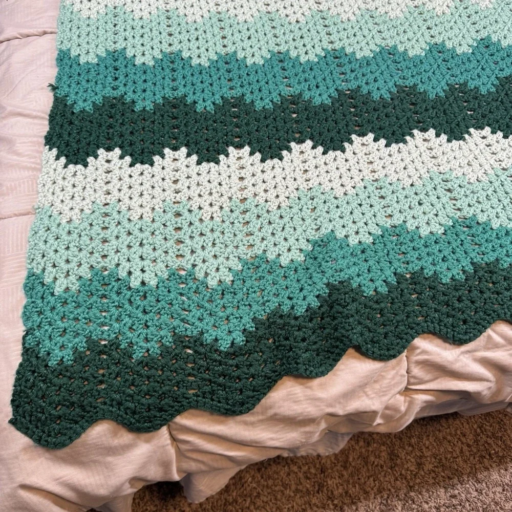 Handmade Turquoise Green Ombre Chevron Crochet Blanket 46